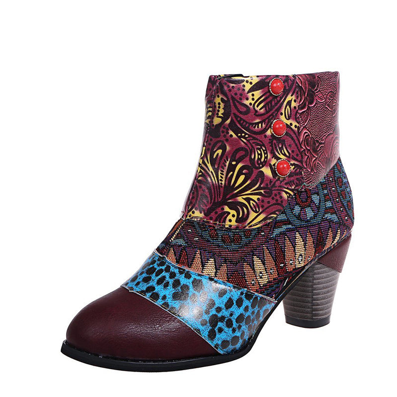 Multi-color ethnic ankle boots featuring paisley print and geometric tribal bands