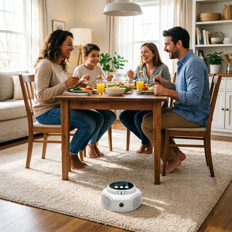 White pest control device in living room with family dining nearby