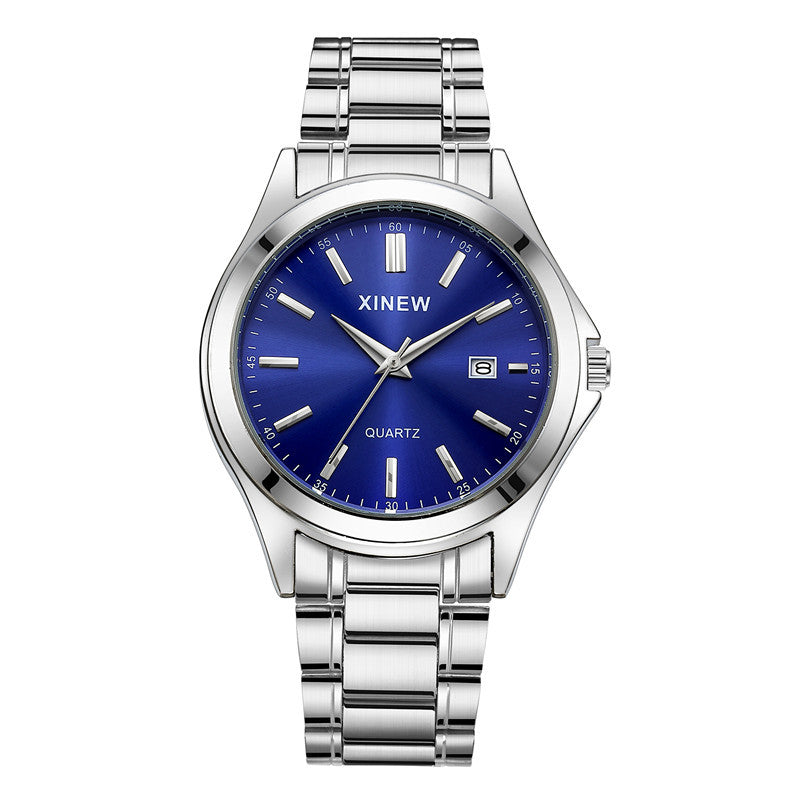 Deep blue sunray dial stainless steel quartz watch with calendar complication at 3 o'clock