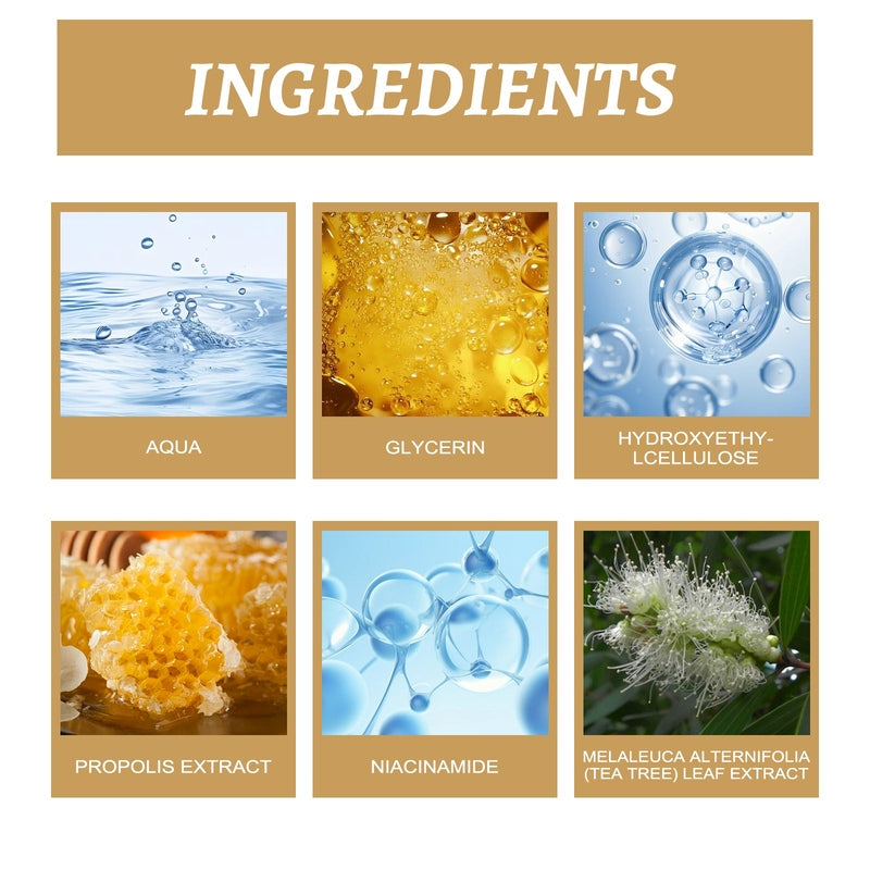 EELHOE Glow Serum ingredients infographic showing propolis extract and niacinamide