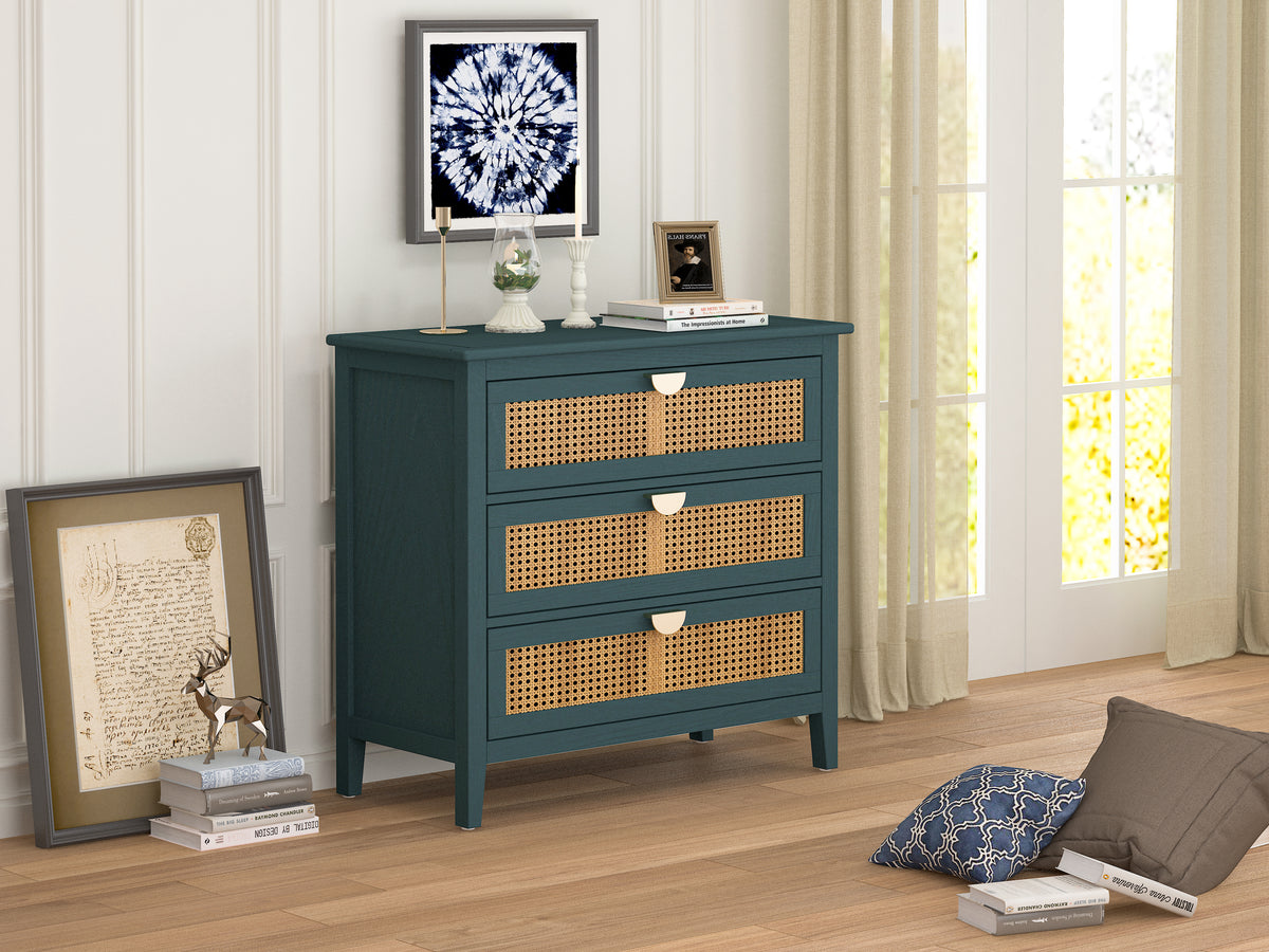 The Wren | Three-Drawer Green Rattan Dresser