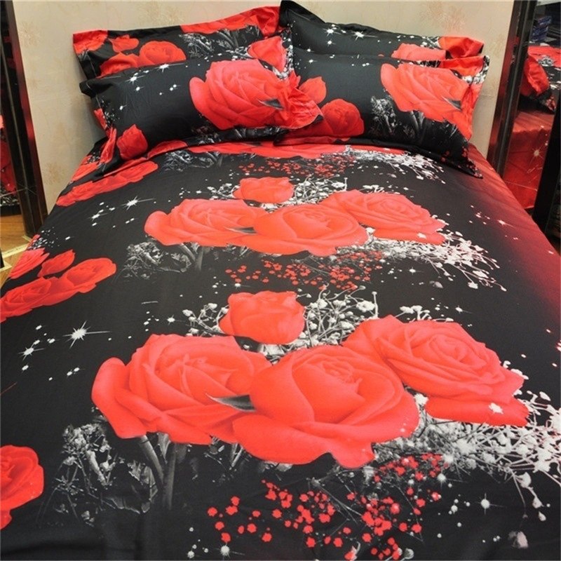 Red Rose 3D Oil Painting Print Duvet Cover Set – Luxe Floral Bedding in 3 Sizes (2 or 3 Piece)