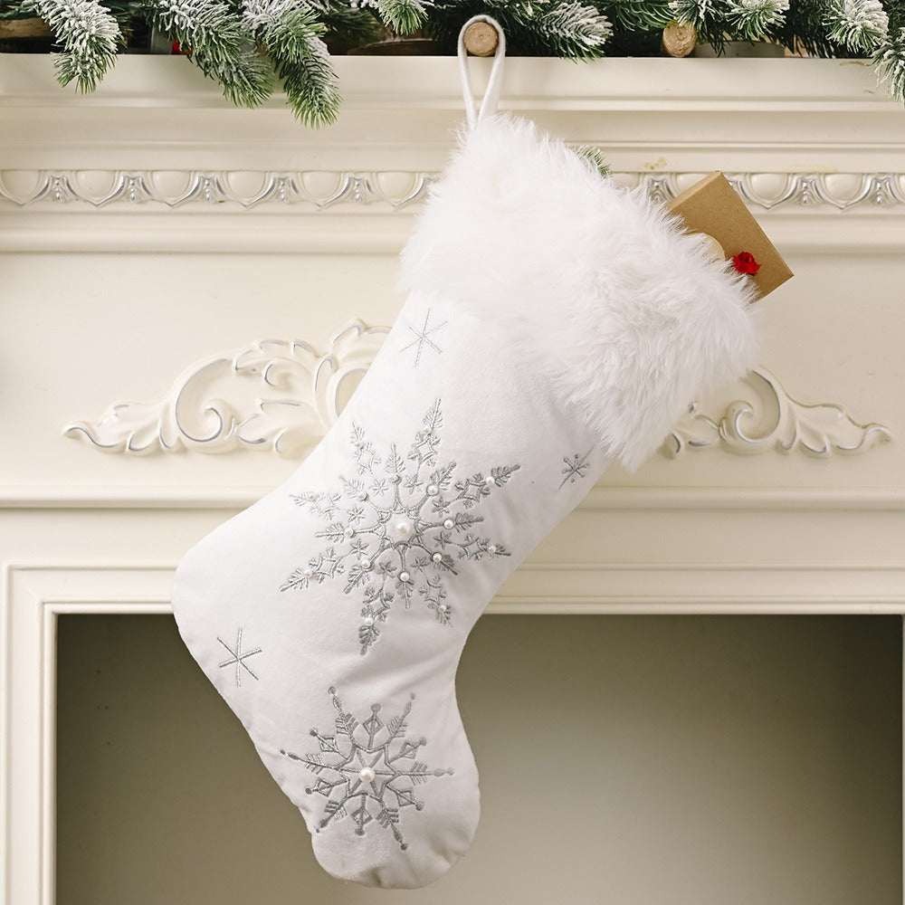 Plush Pearl Snowflake Christmas Stocking – Large Gift Sock (Gold & Silver)