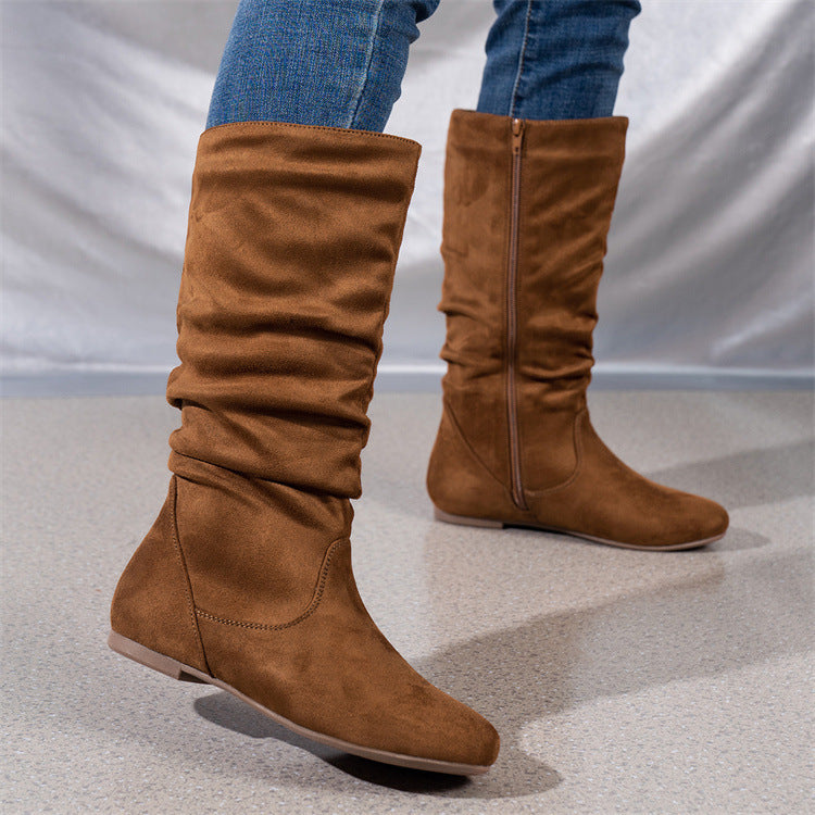The New Yorker | Women's Slouchy Suede Mid-Calf Flat Boots | Cream