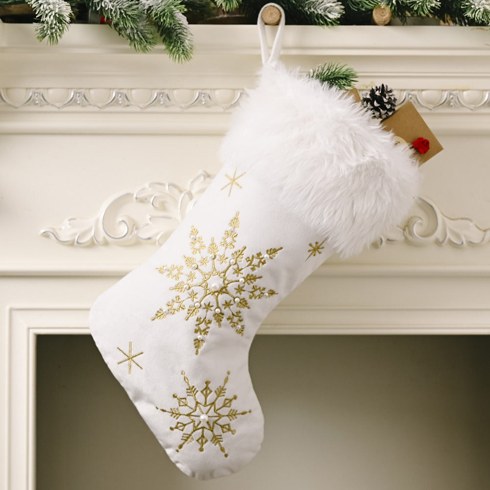 Plush Pearl Snowflake Christmas Stocking – Large Gift Sock (Gold & Silver)
