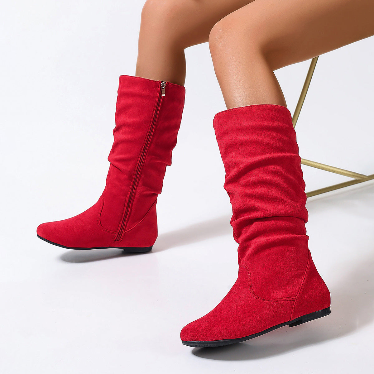 The New Yorker | Women's Slouchy Suede Mid-Calf Flat Boots | Cream