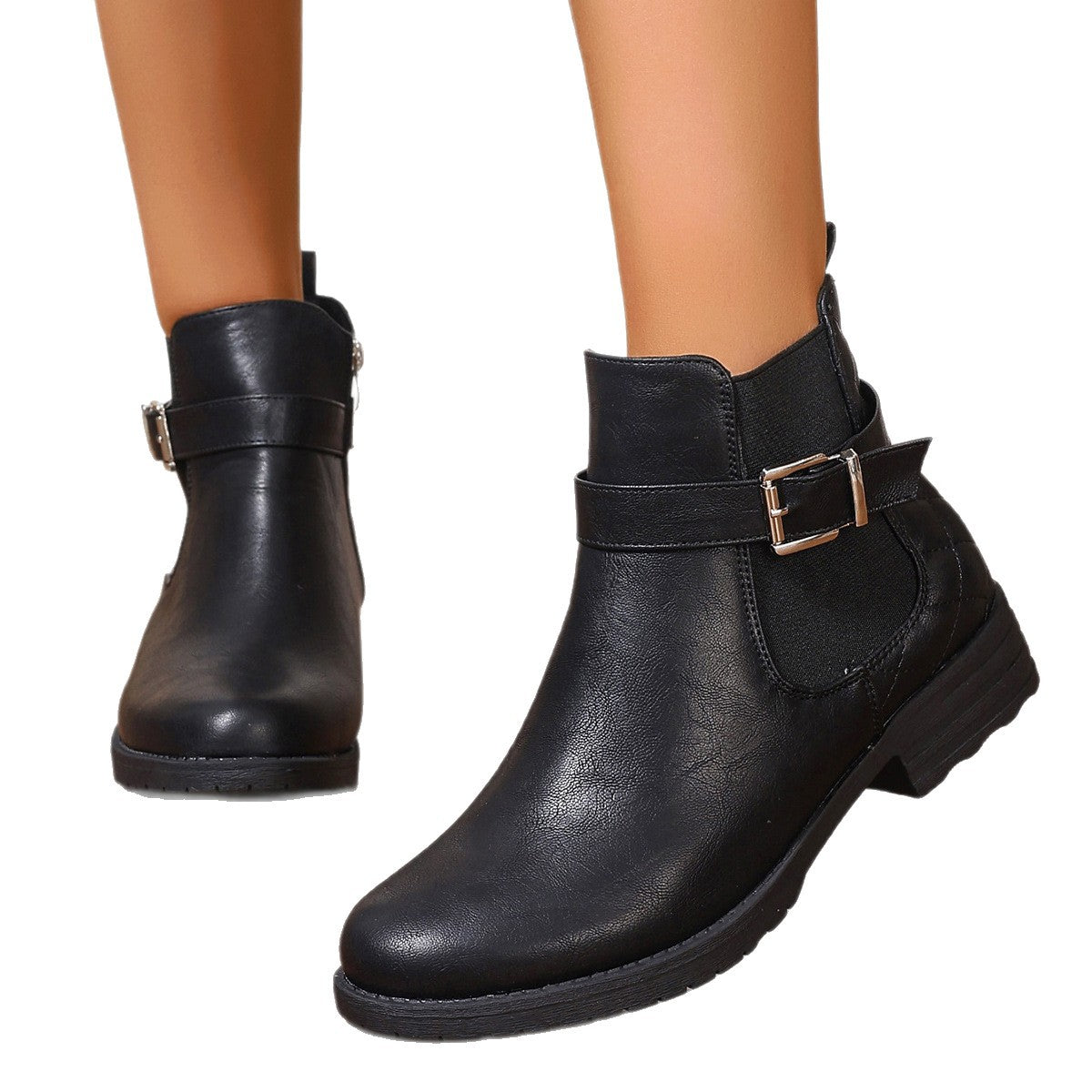 Moto | Women's Black PU Leather Ankle Boots | Buckle Strap | Side Zip | Block Heel