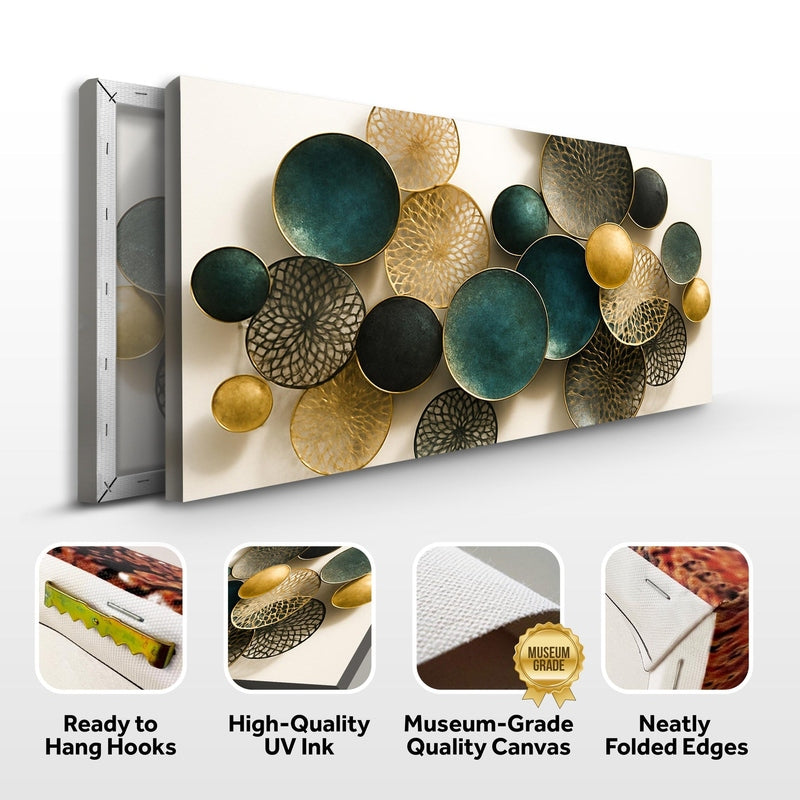 Side profile of teal and gold abstract canvas showing museum-grade edges and UV ink details