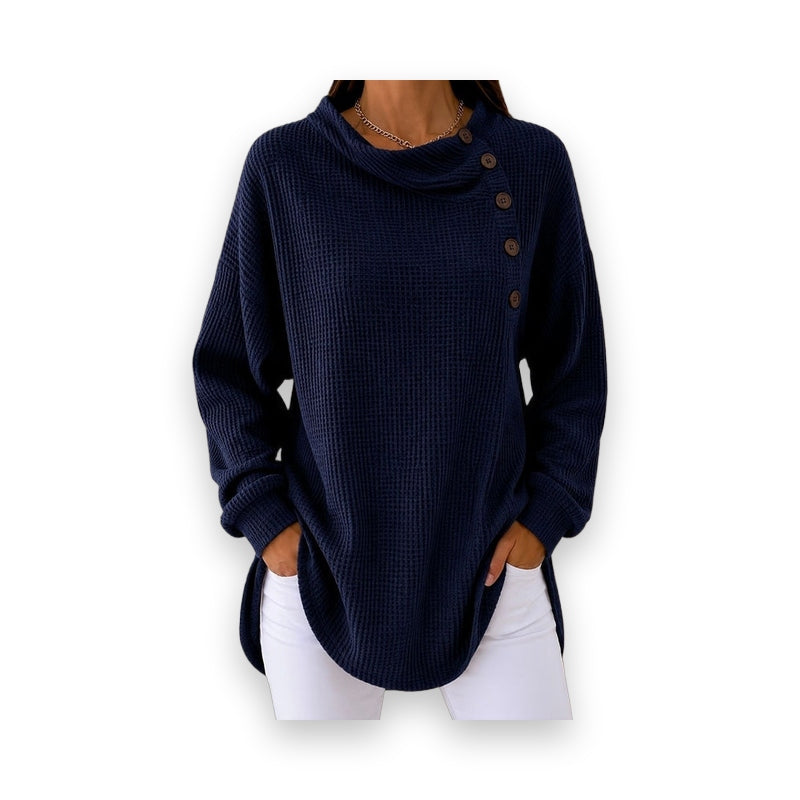 Navy blue waffle-knit casual shirt featuring diagonal buttons and relaxed fit on model