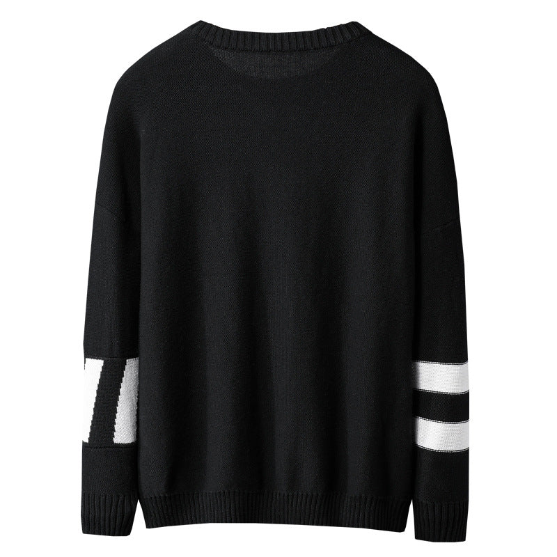 back view of the black sweater with white stripes showing all black back view