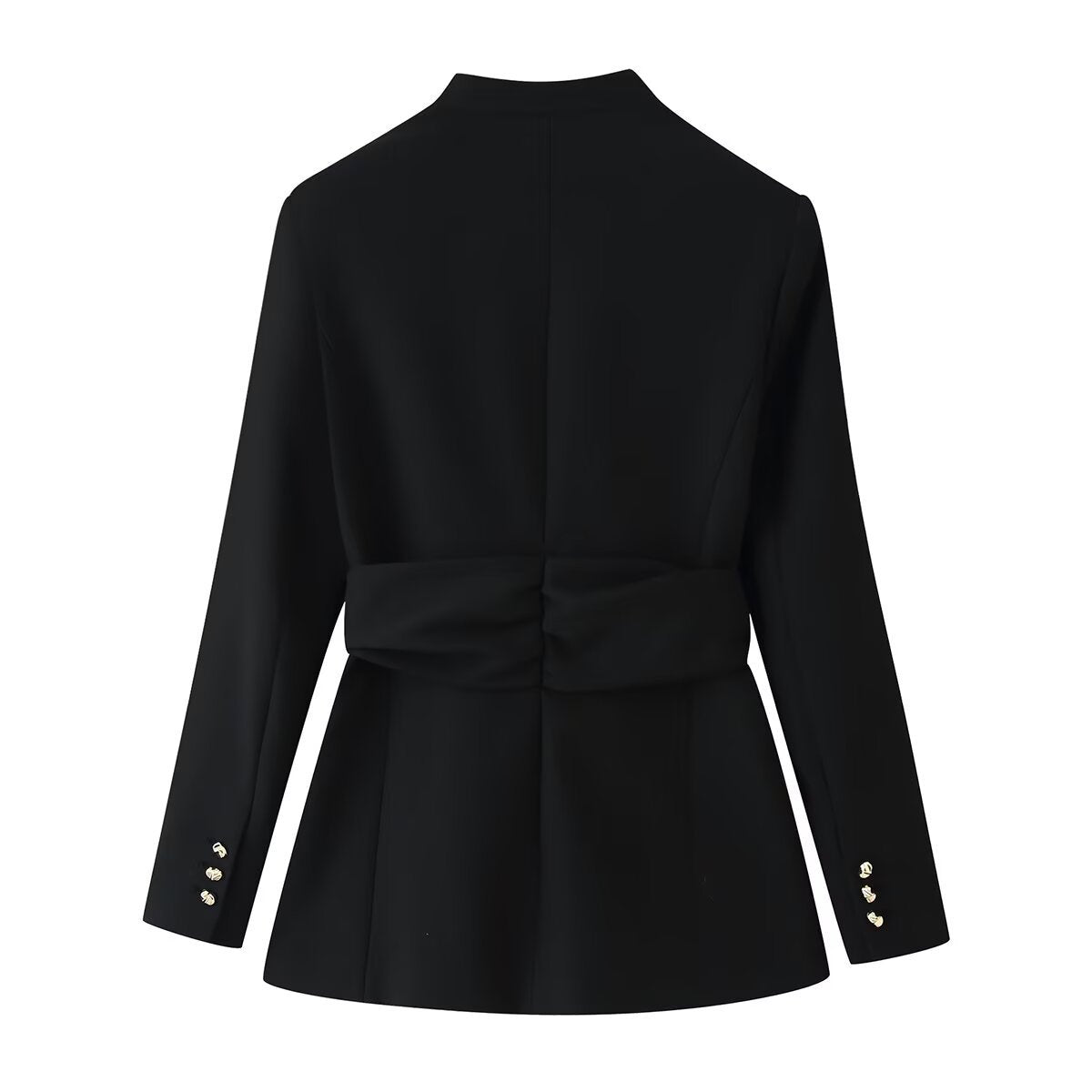 Ensemble blazer et pantalon à taille ceinturée pour femme – Col en V, noir