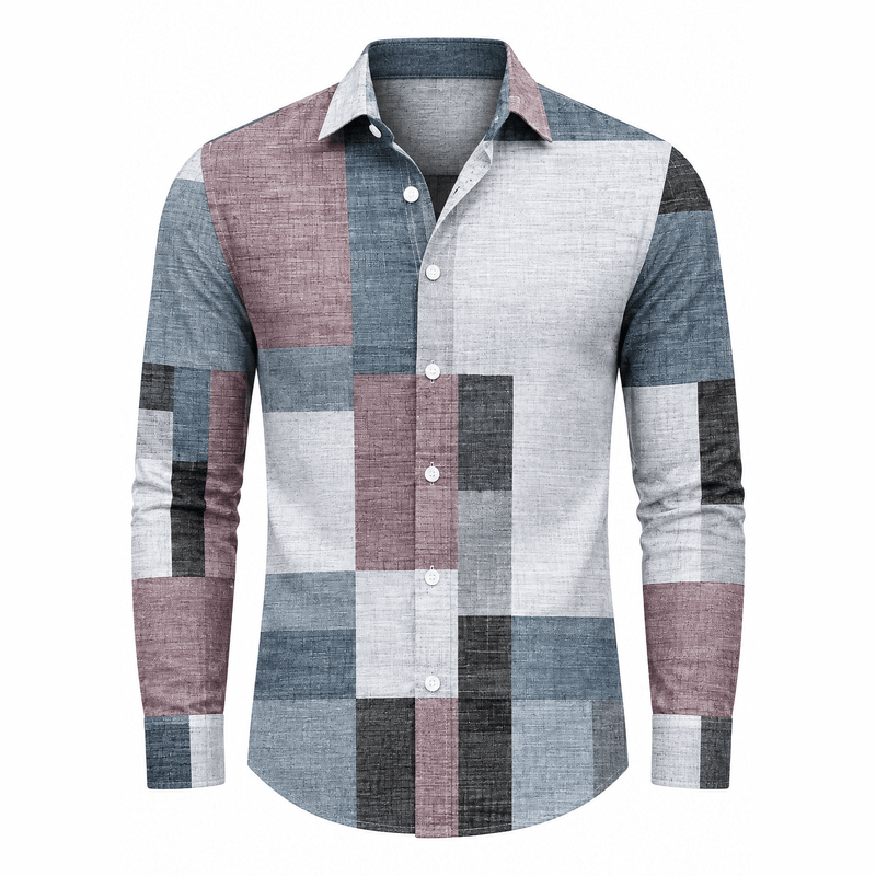 Geometric Color-Block Plaid Shirt | Men's Loose Fit Long Sleeve