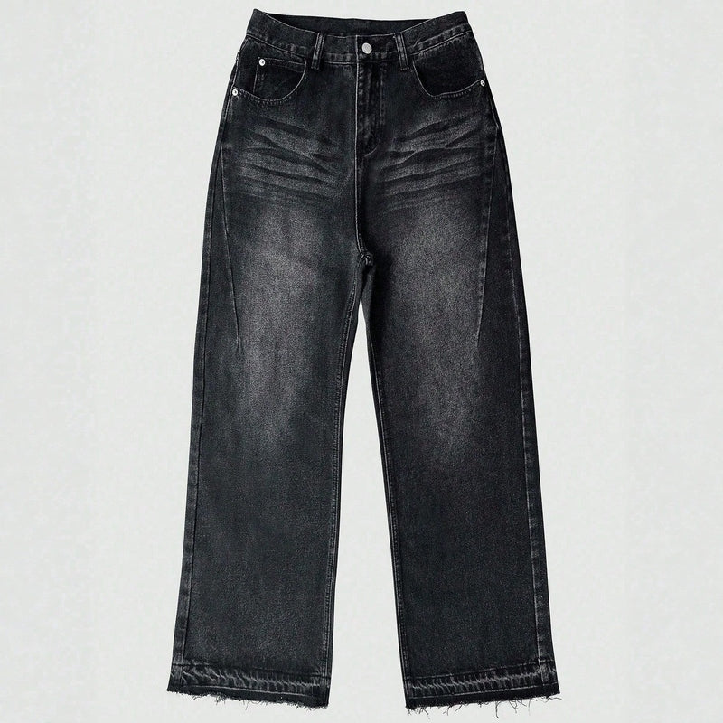Front flat lay of black five-pocket casual pants with button fly closure