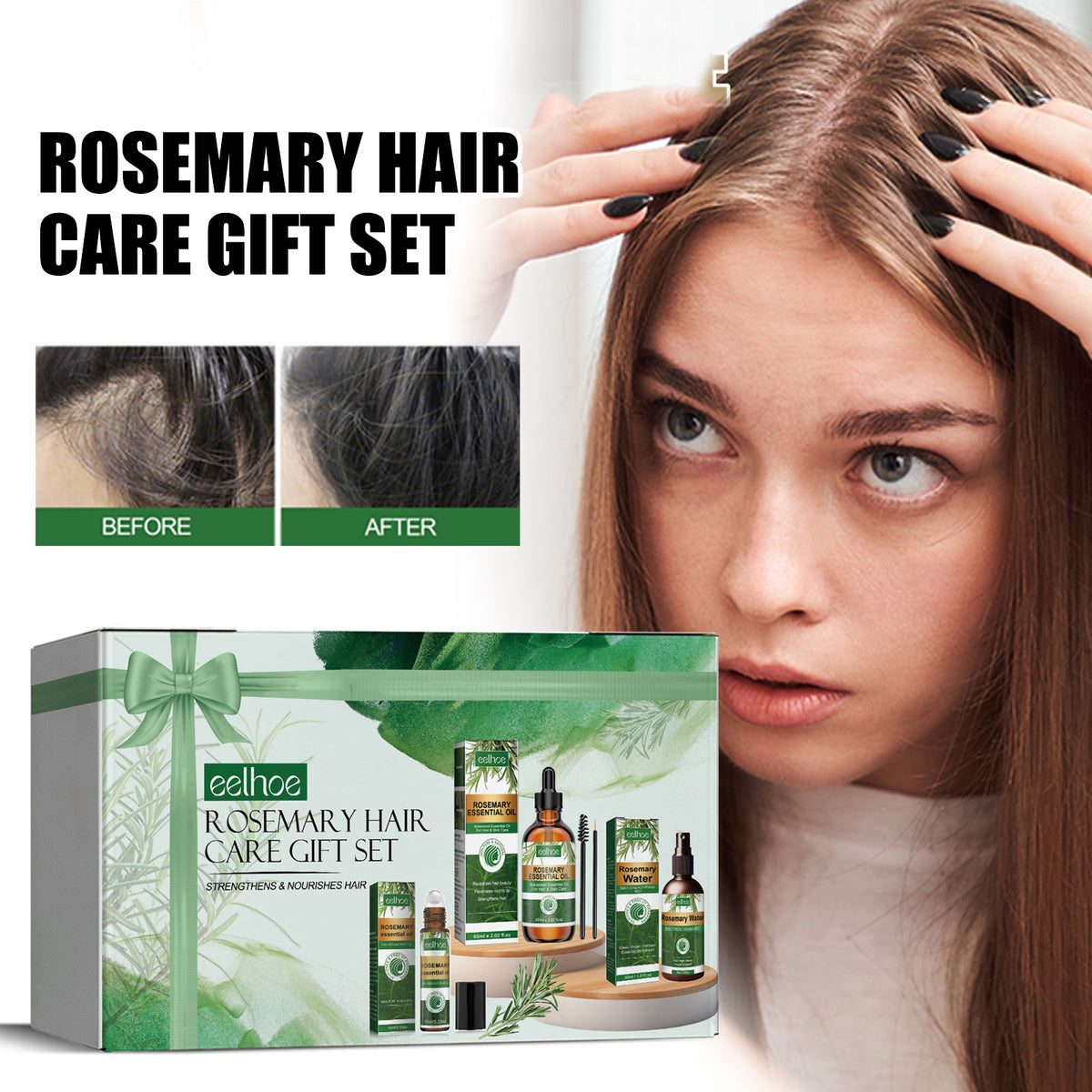 Rosemary Hair Care Gift Set & Scalp Derma Roller by Eelohoe