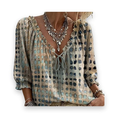 Women's beige polka-dot ethnic print casual shirt with ruffled V-neck and three-quarter sleeves
