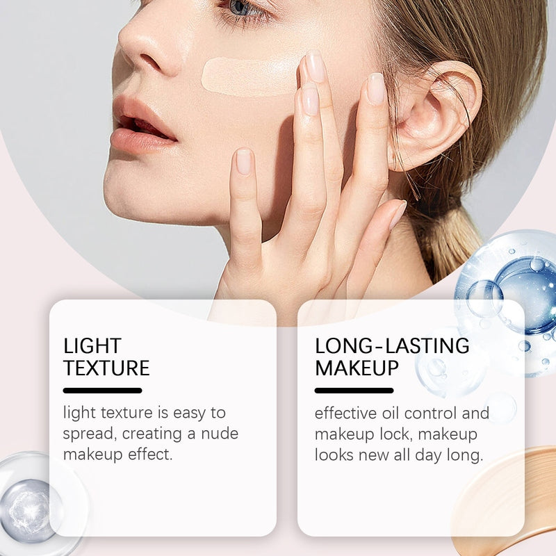 Beige foundation swatch demonstrating light texture and long-lasting oil control