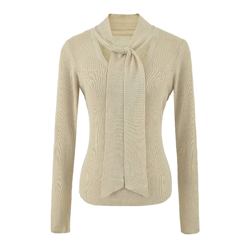Women's Tie-Neck Wool Blend Knit Top | Slim Fit Long Sleeve Sweater
