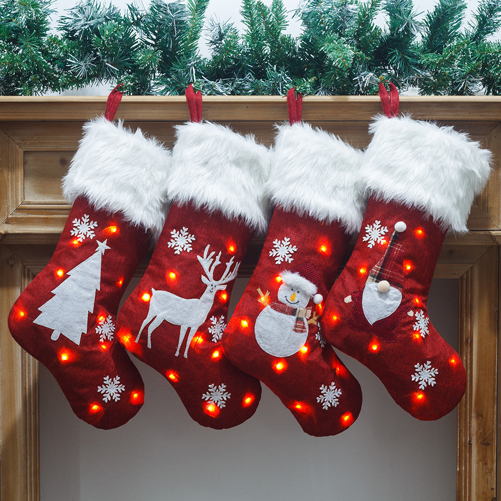Light-Up Christmas Stocking Gift Bag – Linen Embroidery, 4 Styles (47×29cm)