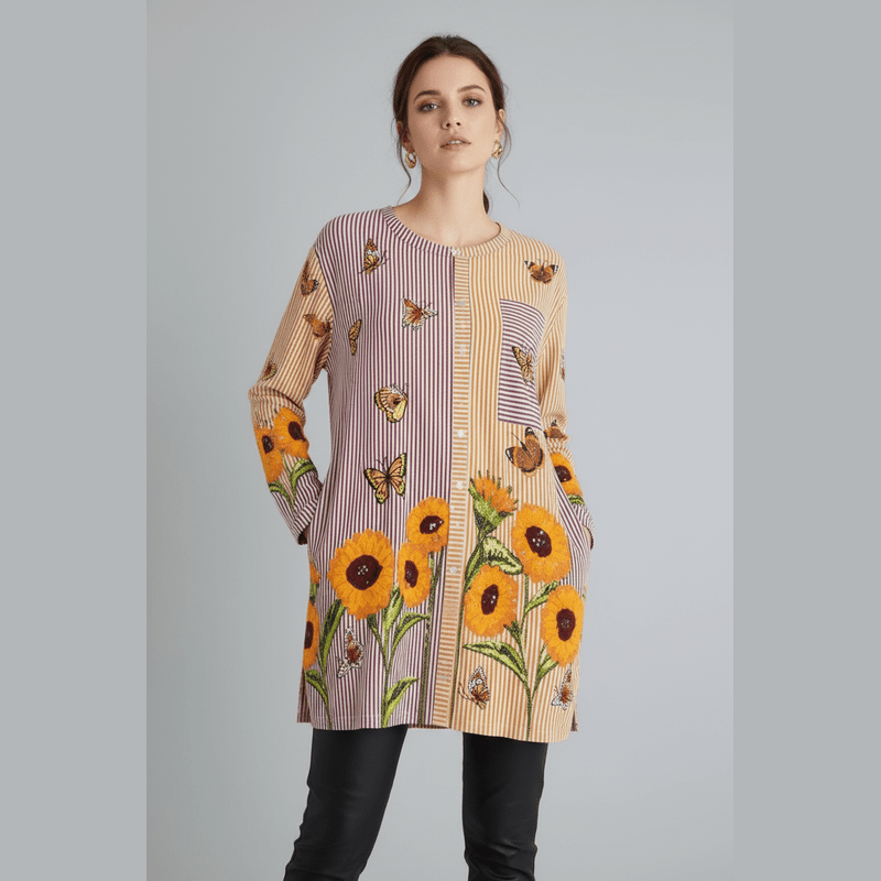 Tunique à manches longues imprimé tournesols et papillons pour femme