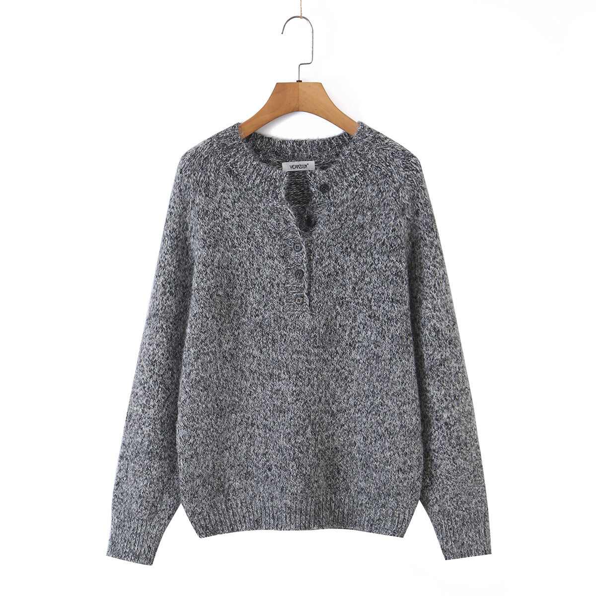 Women's Cropped Knit Pullover | Henley Button Collar | Loose Fit