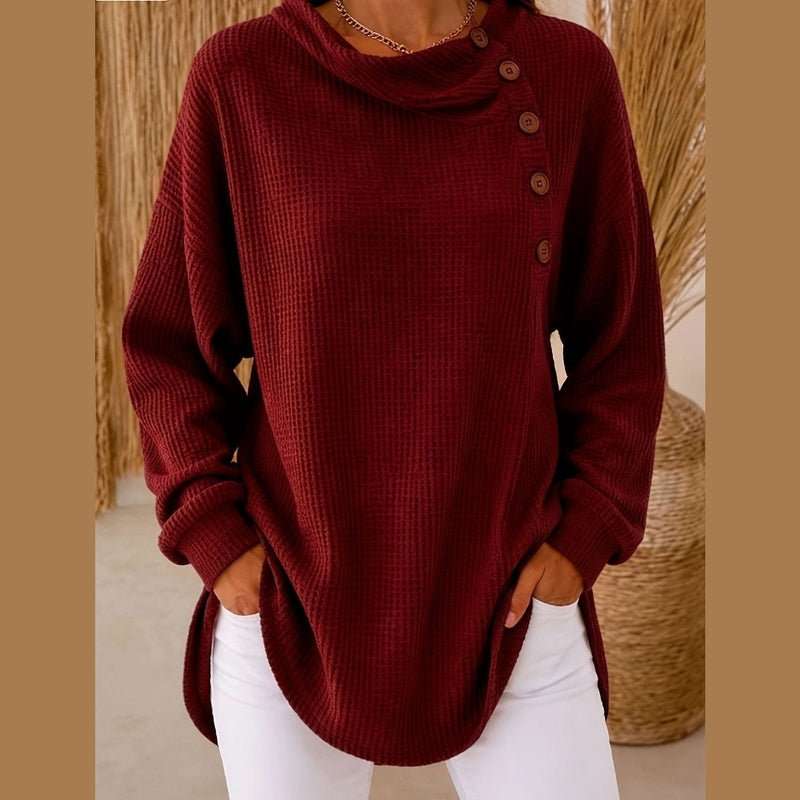 Deep red draped collar button-up shirt with dropped shoulders and high-low hem