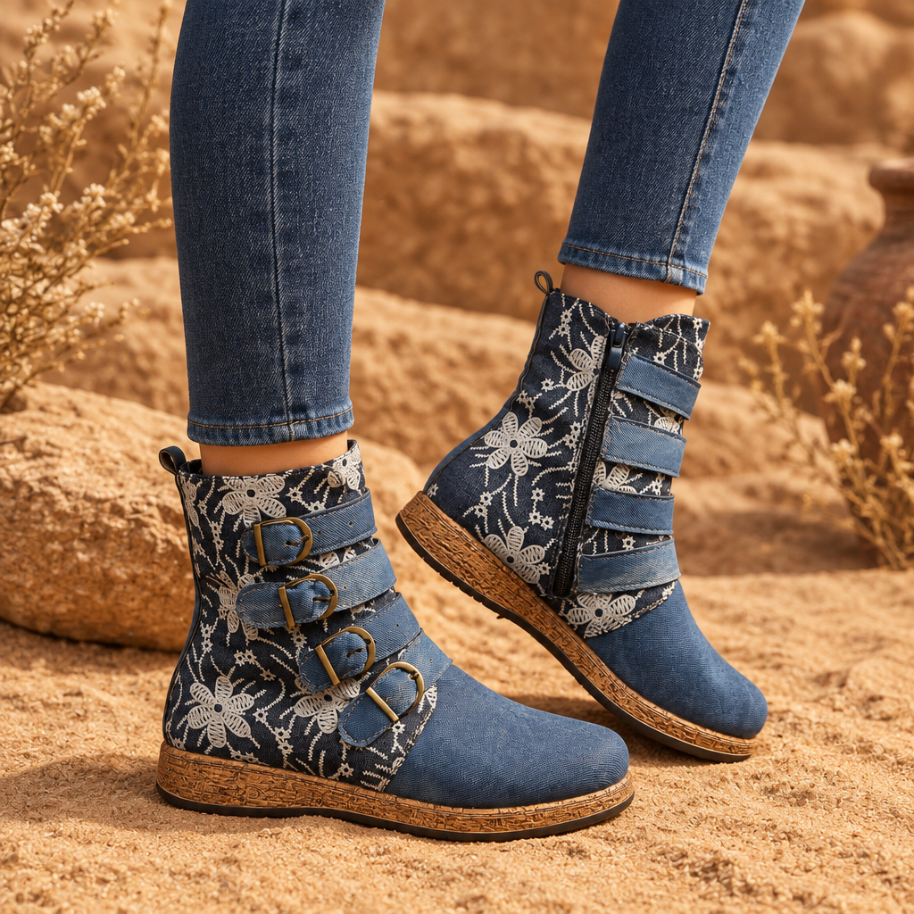 Wildflower | Women's Floral Embroidered Boho Flat Ankle Boots | Buckle Strap