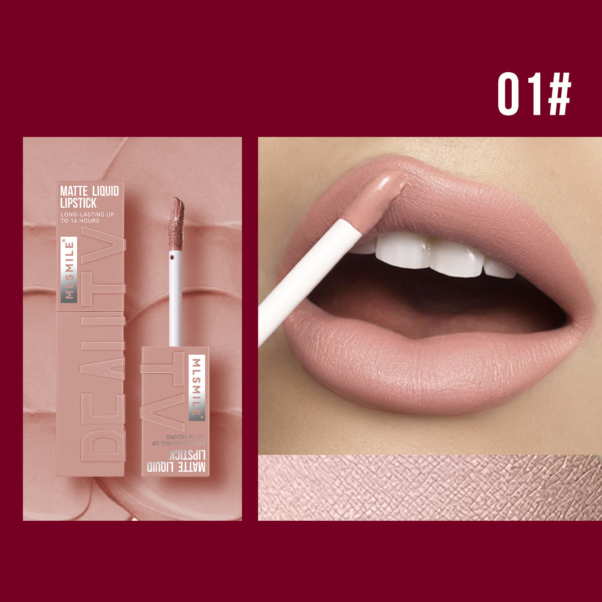 MLSMILE matte liquid lipstick shade 01 soft nude-pink showing texture and application