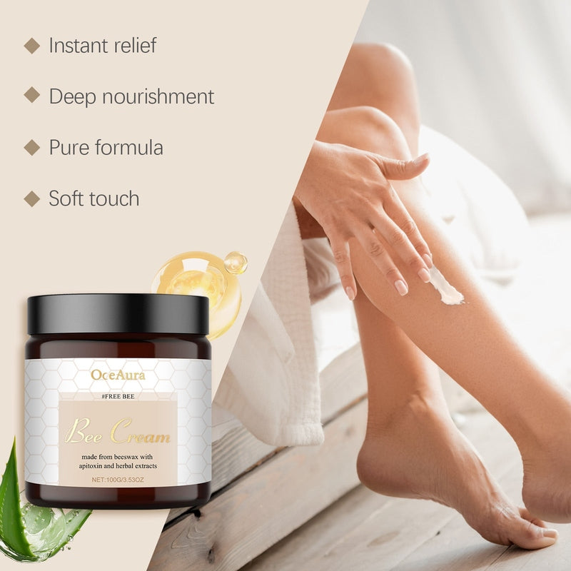 Woman applying OceAura moisturizing body cream to leg with aloe