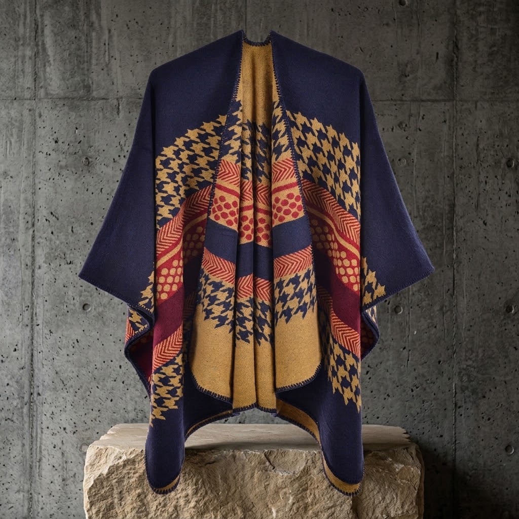 Poncho fendu en faux cachemire à motif pied-de-poule pour femme