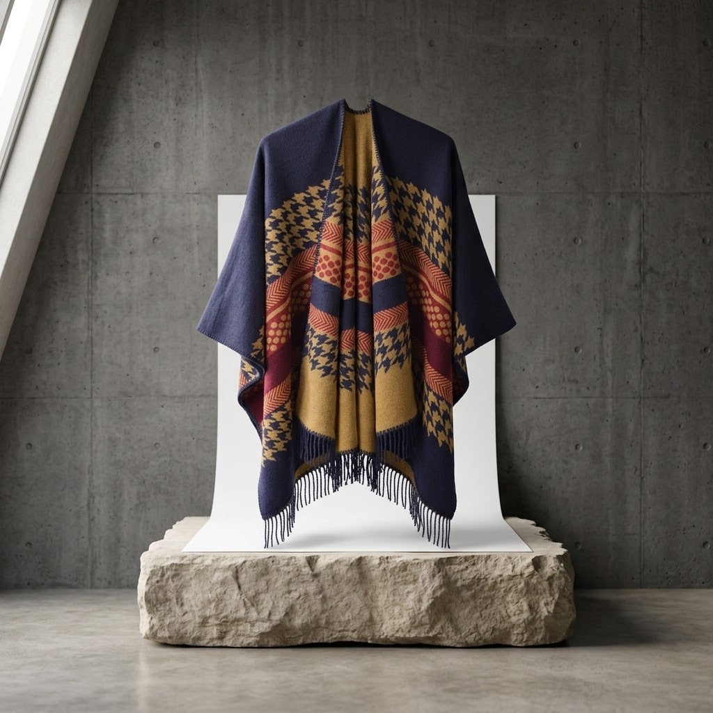 Poncho fendu en faux cachemire à motif pied-de-poule pour femme
