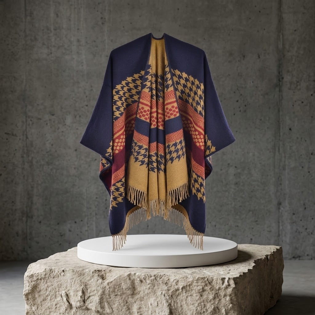 Poncho fendu en faux cachemire à motif pied-de-poule pour femme