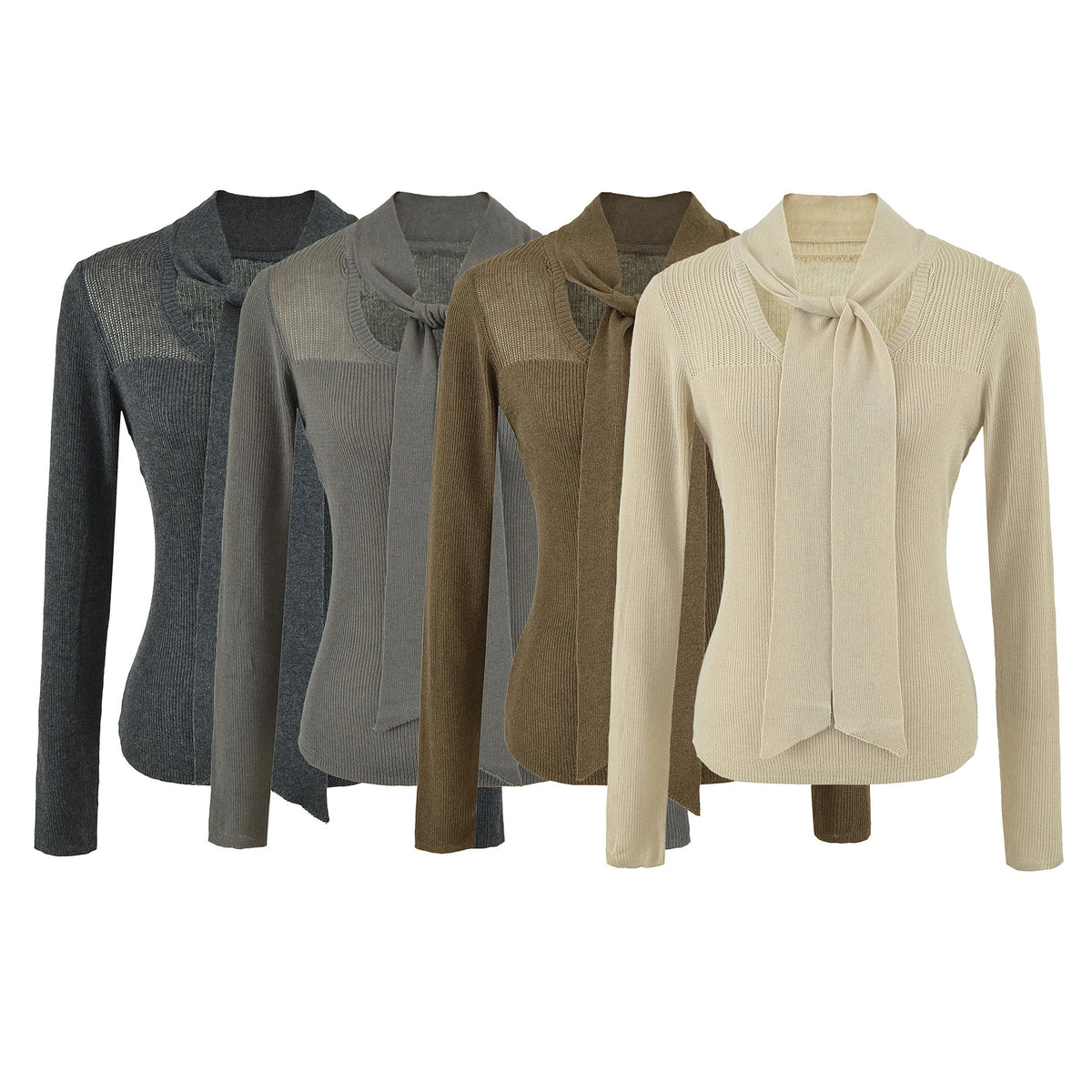 Women's Tie-Neck Wool Blend Knit Top | Slim Fit Long Sleeve Sweater