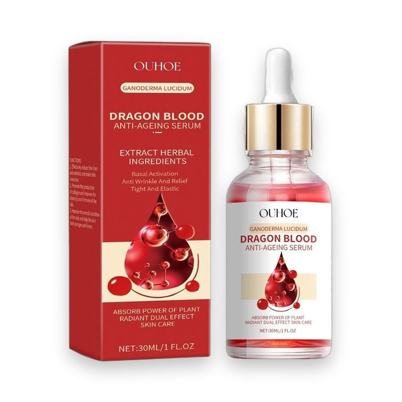 OUHOE Dragon Blood Facial Essence anti-aging serum in red glass dropper bottle with gold cap