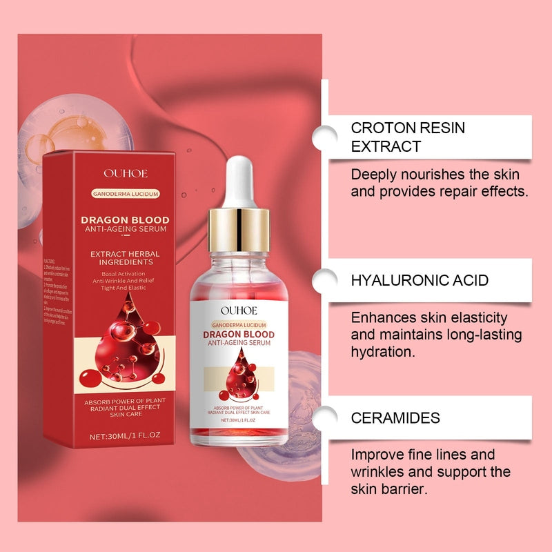 OUHOE Dragon Blood Serum ingredients Croton Resin Hyaluronic Acid and Ceramides on pink background