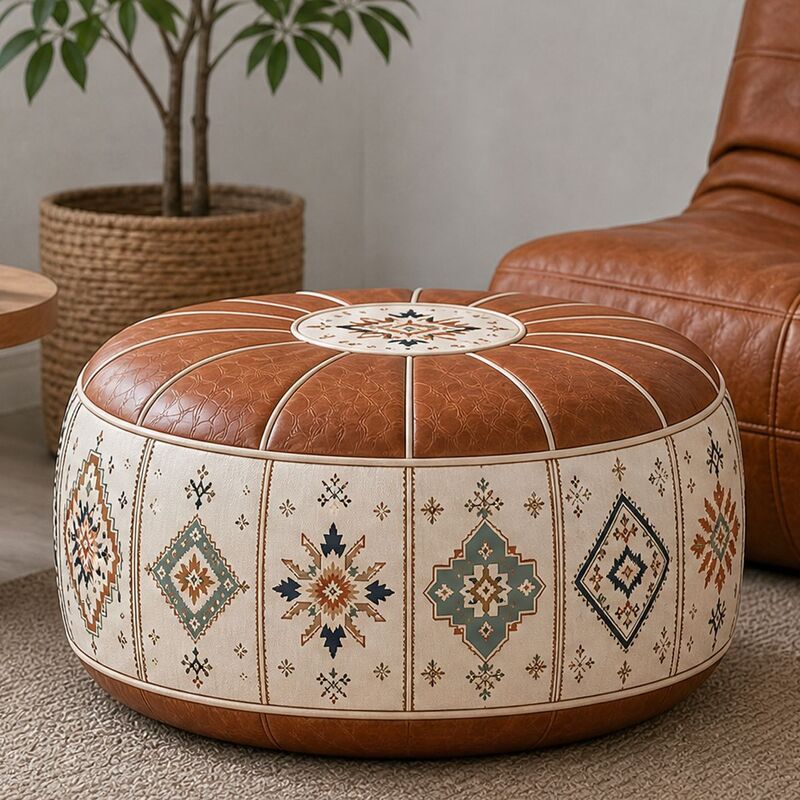 Tan and cream tribal diamond pattern pouf cover