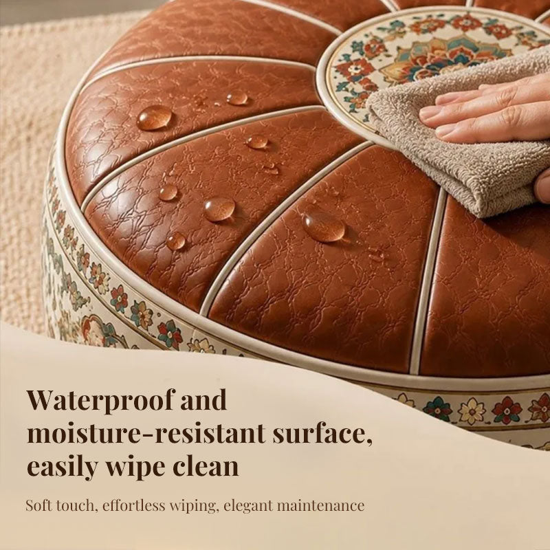 Close-up of waterproof brown PU leather ottoman top