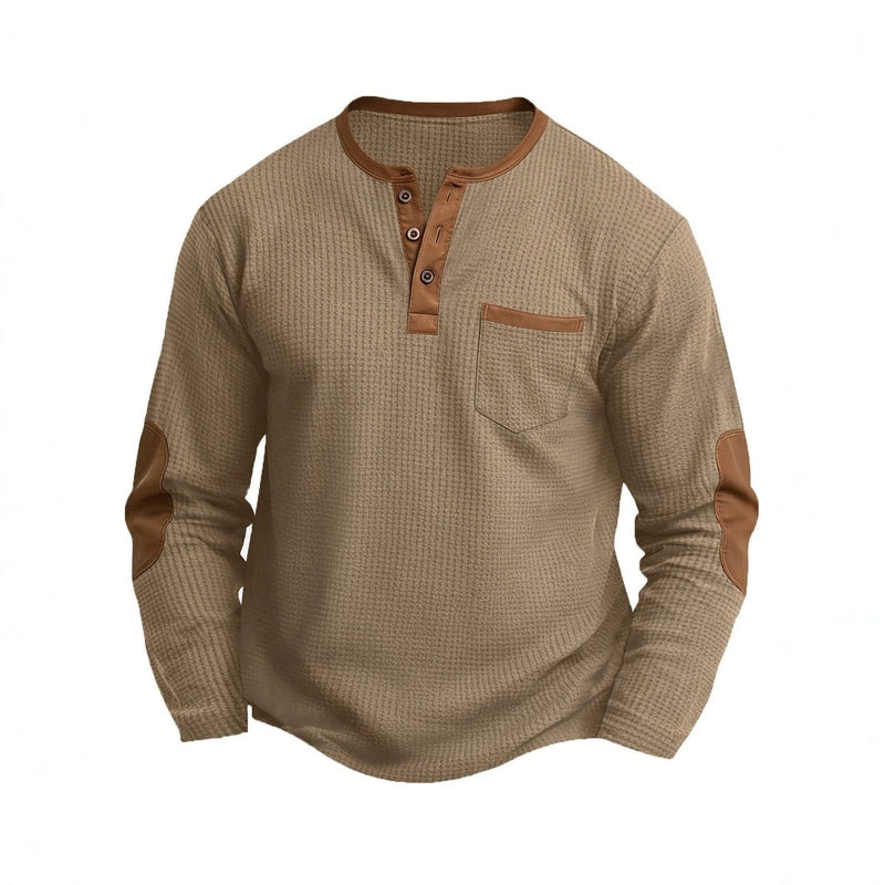 Tan waffle-knit long sleeve henley shirt with darker brown contrast details and chest pocket