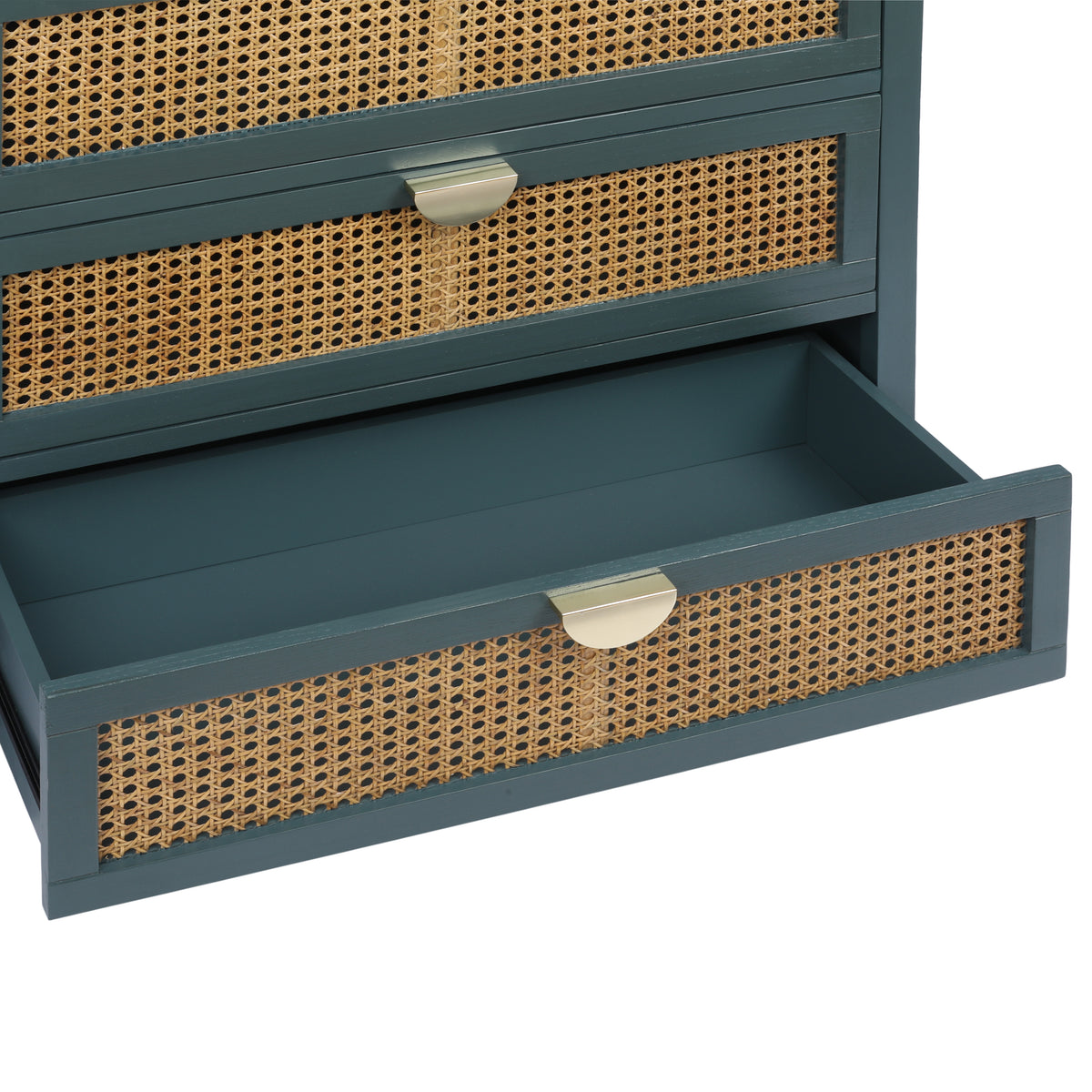 The Wren | Three-Drawer Green Rattan Dresser