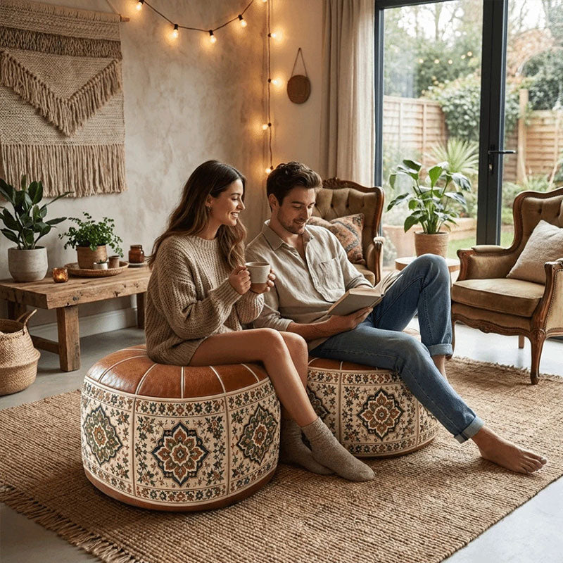 Boho living room seating with floral and geometric poufs