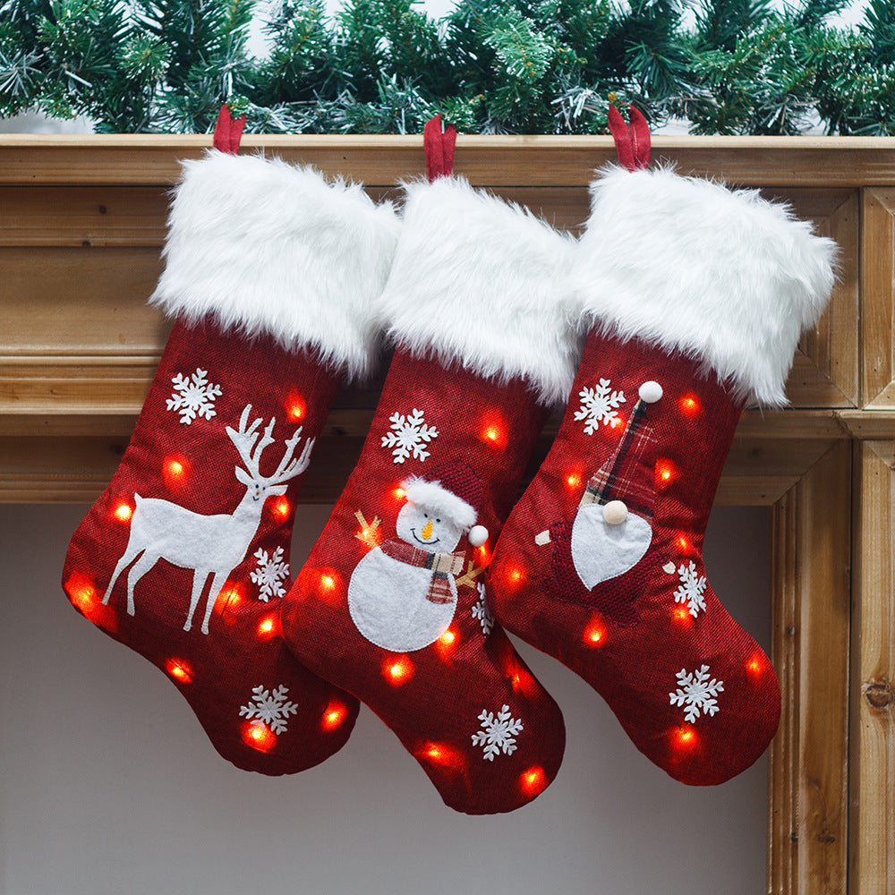 Light-Up Christmas Stocking Gift Bag – Linen Embroidery, 4 Styles (47×29cm)