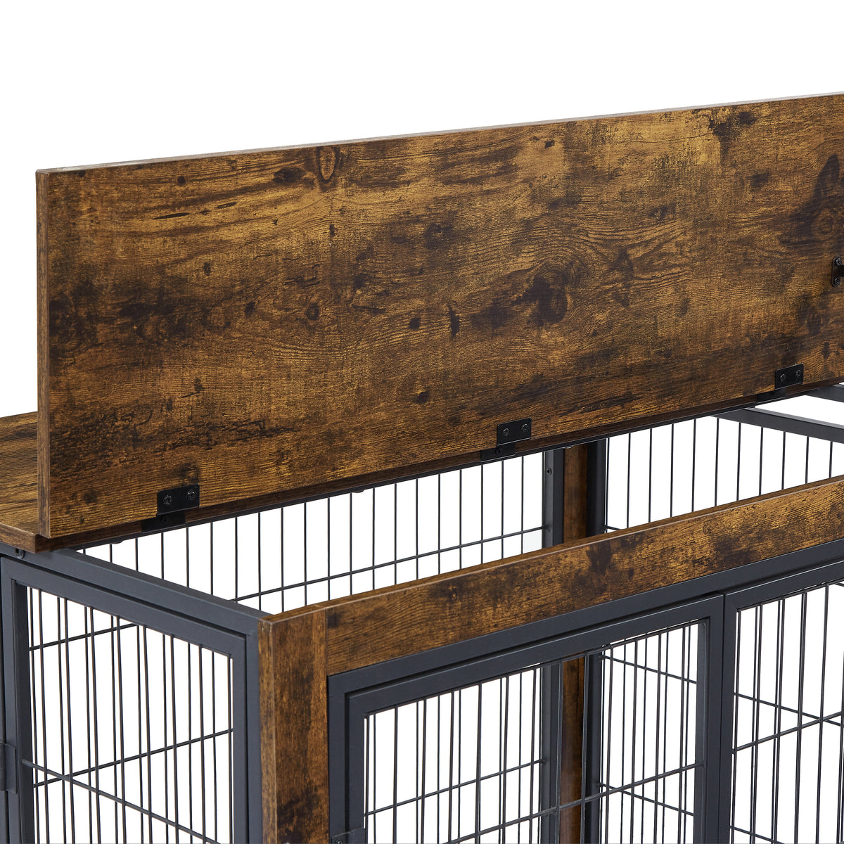 Furniture-Style Dog Crate & Side Table on Wheels – Rustic Brown with Lift Top & Double Doors