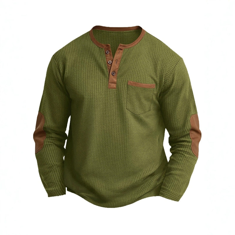 Olive green waffle-knit long sleeve henley shirt with brown button placket and elbow patches