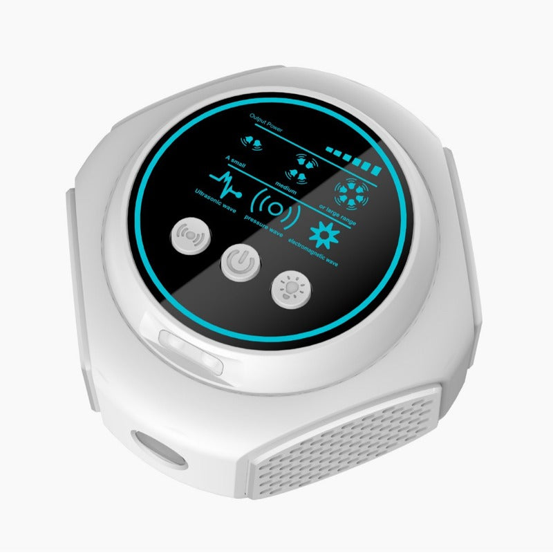 Close-up of white pest repeller interface showing output power settings