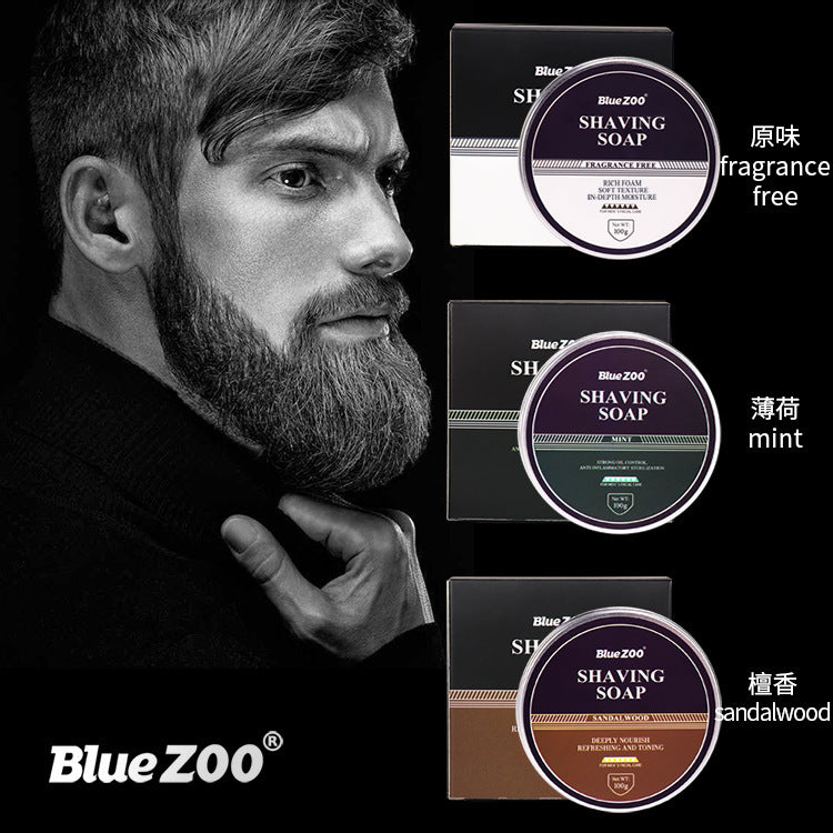 BlueZoo Men's Shaving Soap with Brush – Foaming Beard Soap in Sandalwood, Mint & Unscented (100g)