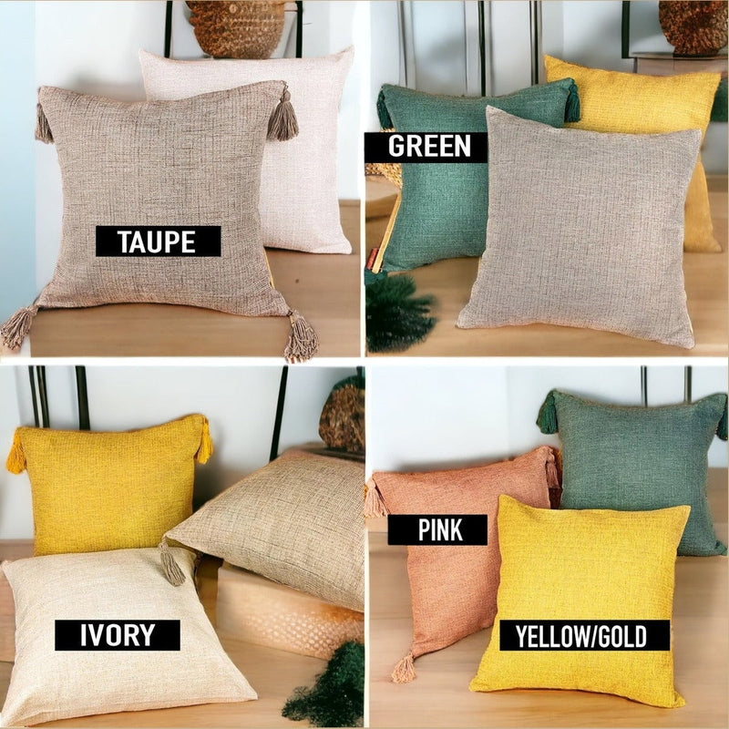 Collage of textured cotton linen pillow covers in multiple colors with labels