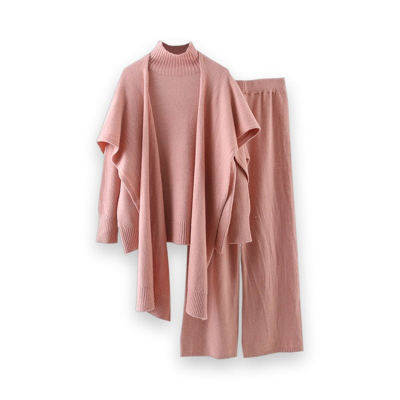 Women's dusty pink knit turtleneck top and wide-leg pants set