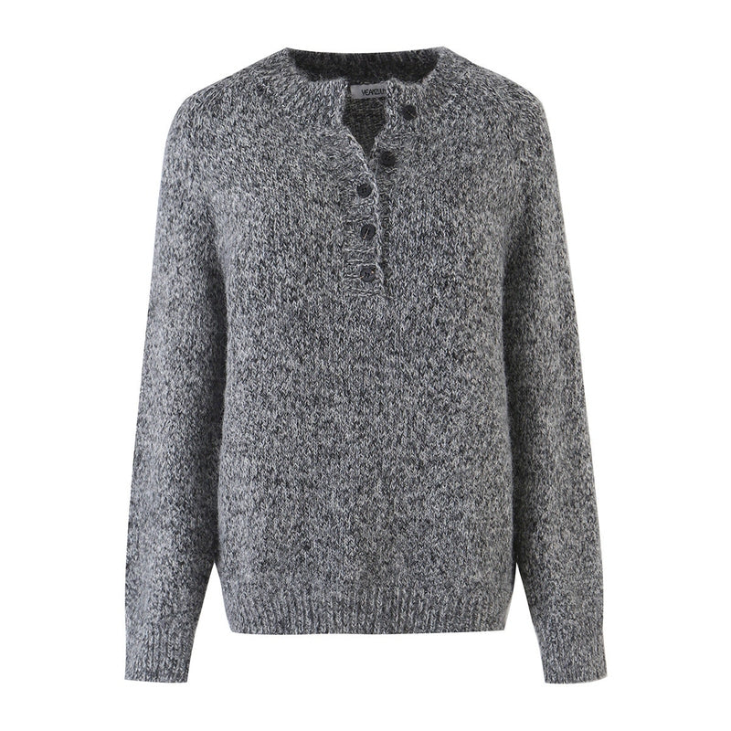 Women's Cropped Knit Pullover | Henley Button Collar | Loose Fit