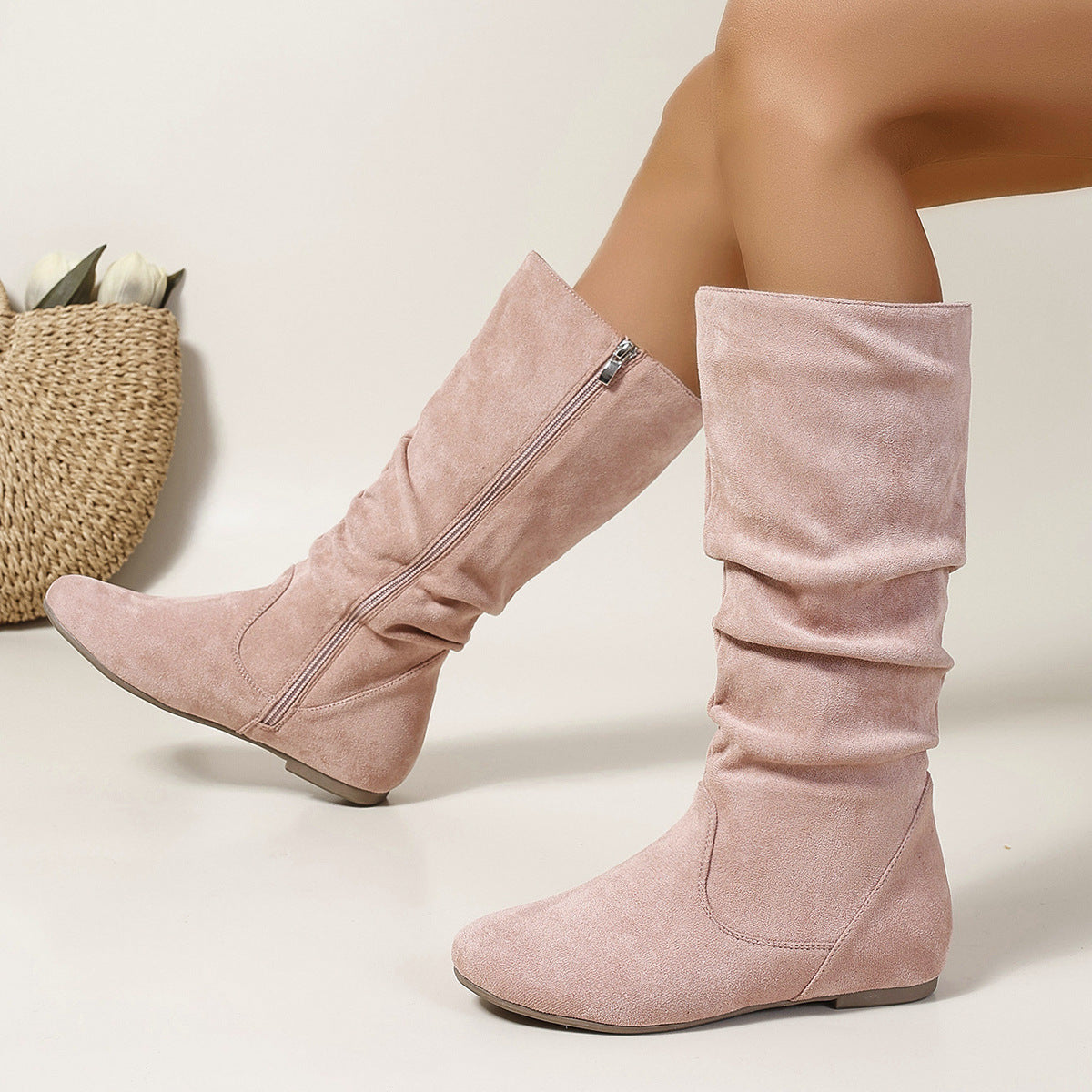 The New Yorker | Women's Slouchy Suede Mid-Calf Flat Boots | Cream