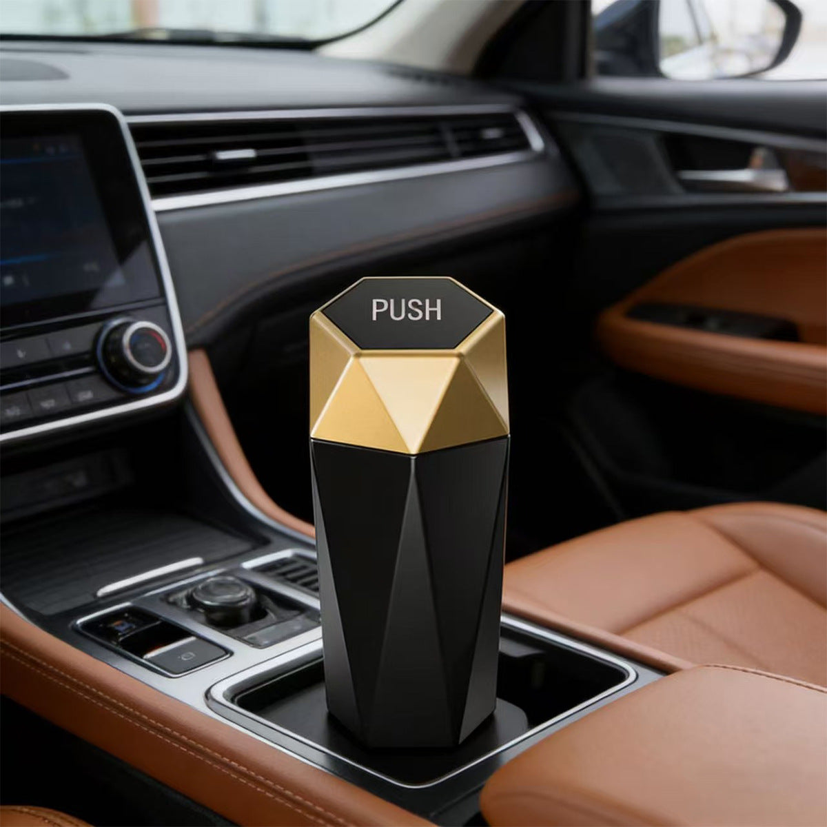 Gold geometric car trash bin in vehicle cup holder