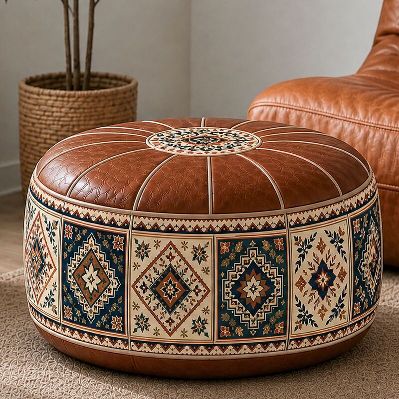 Segmented boho floral pouf cover with geometric side panels